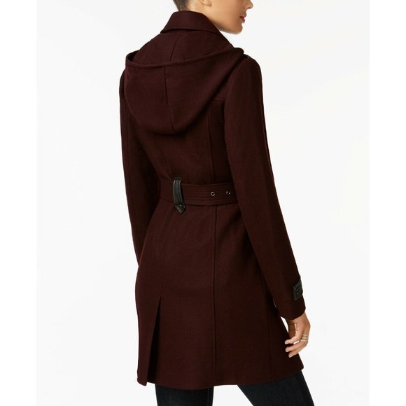 NEW Sz Medium M Michael Kors Belted faux Leather Trim Wool Hooded Coat Burgundy - Picture 4 of 9